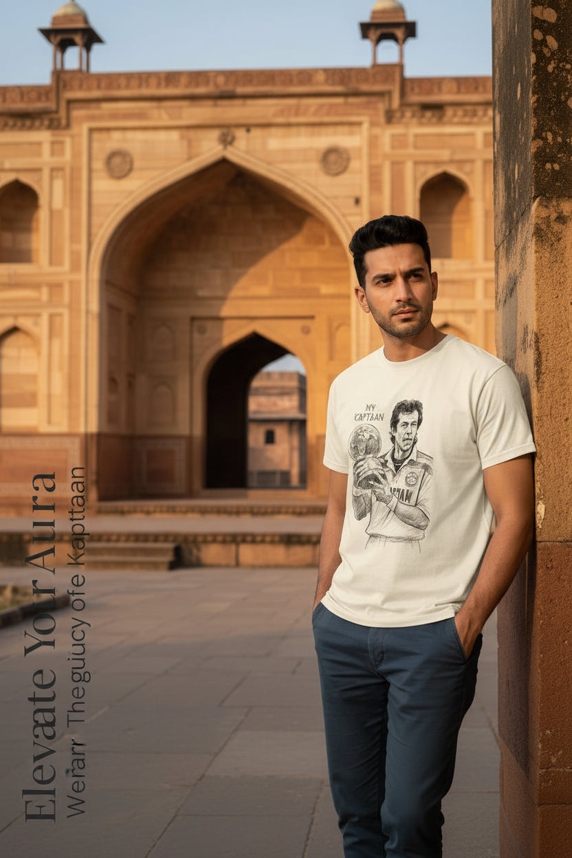 Beige t-shirt with a graphic of a sports player holding a trophy and text 'My Kaftaan' on a white background
